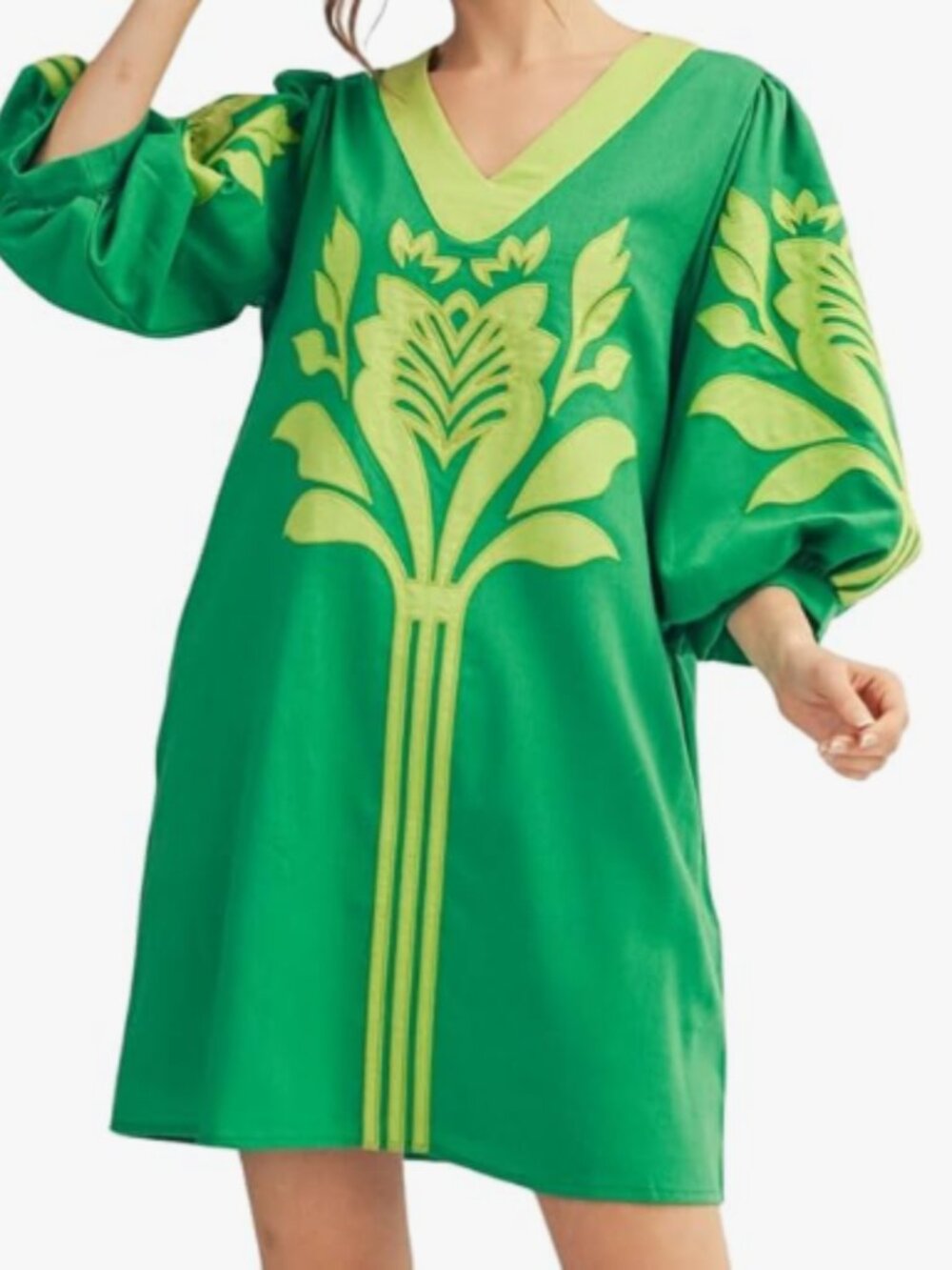 Women's Floral Embroidered Applique Mini Shift Dress 3/4 Puff Sleeves V Neck
